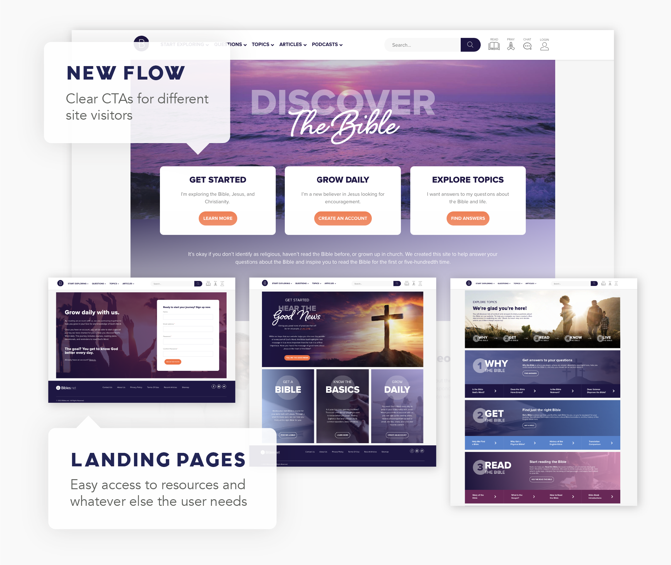 Screens of the new homepage and landing pages