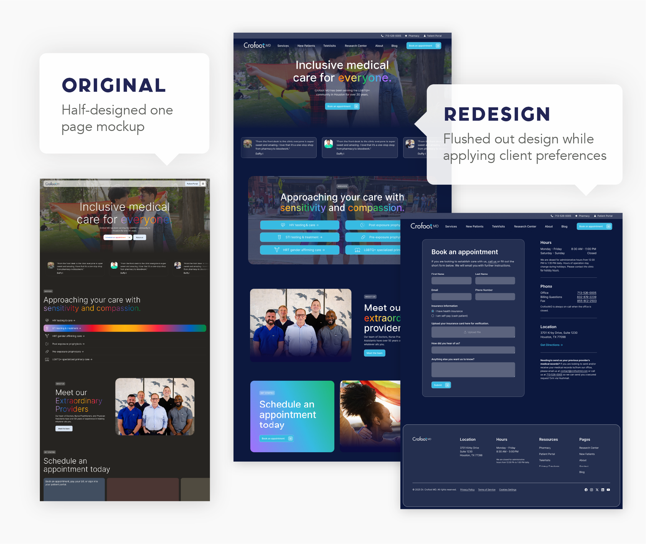 Crofoot website old design next to the redesigned pages